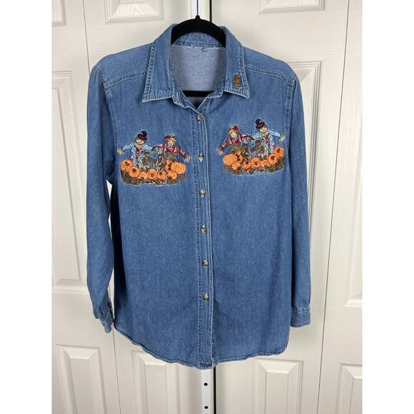 Women's Medium Vintage Denim Fall Scarecrow Halloween Embroidered Blouse Top - Picture 5 of 7